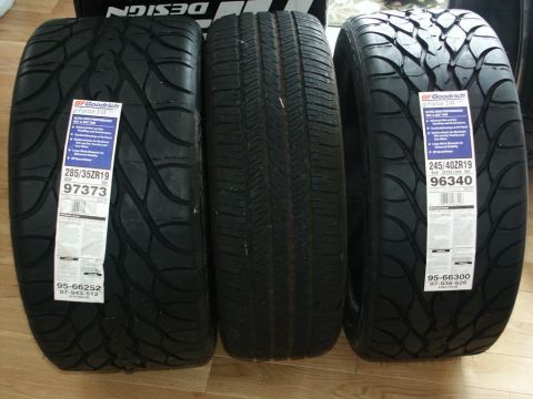 2001 Mercury Grand Marquis - Three BF Goodrich tires are displayed, including sizes 285/35ZR19 and 245/40ZR19.