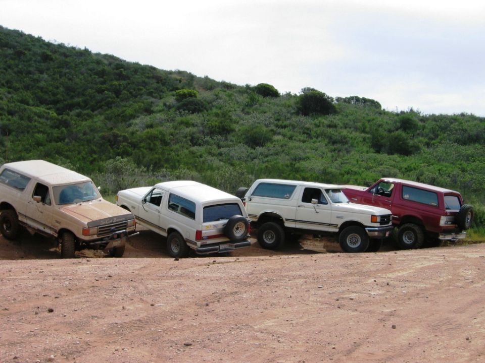 Four Ford Bronco SUVs parked on a dirt road with a grassy hill in the background. The lead vehicle is tan, followed by two white ones, and a red one
