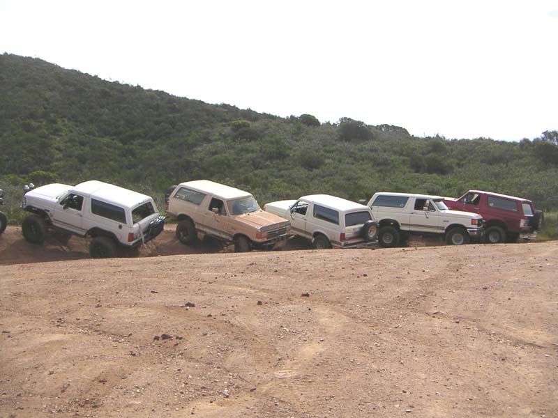 Several Ford Broncos parked on a dirt road with a hill in the background