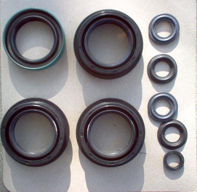 1988 Ford Bronco - A collection of various automotive seals, likely for a transfer case rebuild, are laid out on a surface.