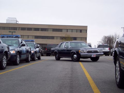 2001 Ford Crown Victoria - A line of police vehicles, including a dark blue Ford Crown Victoria, are parked in a lot outside a building.
