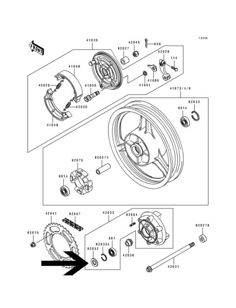 1986 Ford Bronco - Exploded parts breakdown of a motorcycle rear wheel and hub assembly showing brake shoes, sprocket, bearings and axle with numbered part ca…