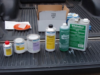 1995 Ford C-350 (Centurion Conversions) - The results from the trip to the paint store, From Left to Right, Hardner, Color paint, Primer, Reducer, Acid Etching Primer, and Thinner.
