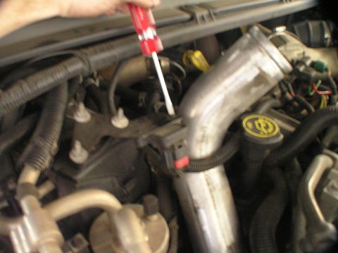 2000 Ford Excursion - A screwdriver is used to work on a hose in the engine bay of a 2000 Ford Excursion.