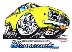 1964 Plymouth Barracuda - Caricature of a yellow 1964 Plymouth Barracuda, exaggerated custom wheels and a distinctive front-end design.