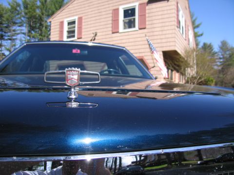 1991 Ford LTD Crown Victoria - The hood ornament is chrome with a red and white emblem. A house and trees are visible in the background.
