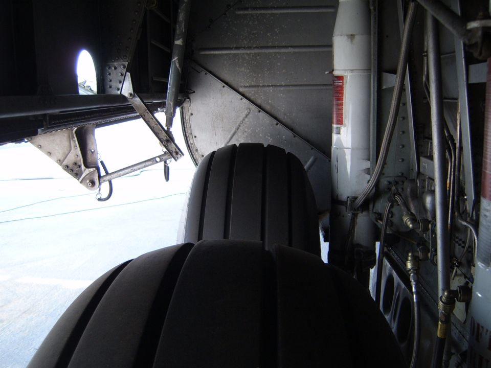 Aircraft landing gear with large tire and hydraulic lines