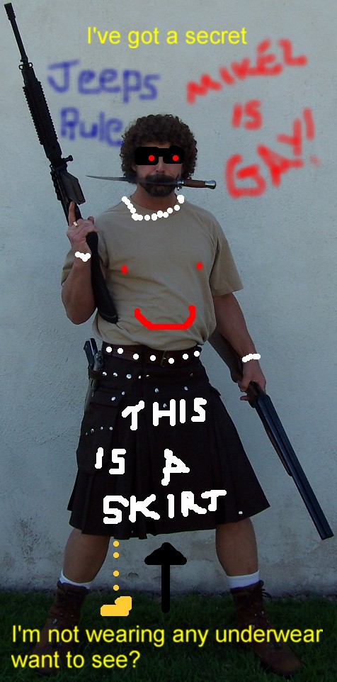 1993 Ford Bronco - Man poses with firearms and a kilt, while graffiti adorns the wall behind him.