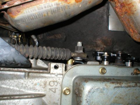 1994 Ford Crown Victoria - Finished installed view of the shifter from below. There is no interference.
