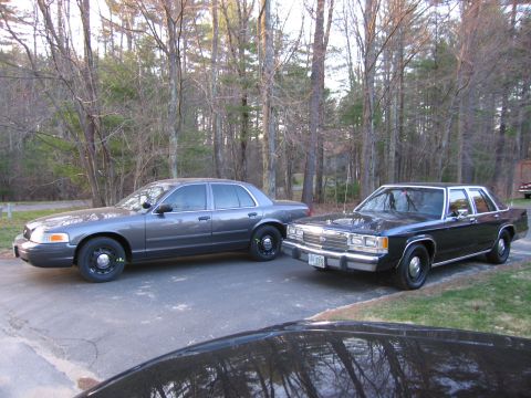 1991 Ford LTD Crown Victoria - Two Ford Crown Victorias are parked outdoors in front of a wooded area.