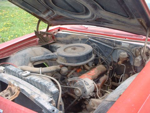 1999 Ford Crown Victoria - The engine bay of a red car is visible with the hood open, revealing the engine components.