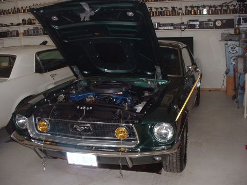 1999 Ford Crown Victoria - A dark green 1967 Ford Mustang is displayed with its hood open, revealing the engine bay, next to a white car.