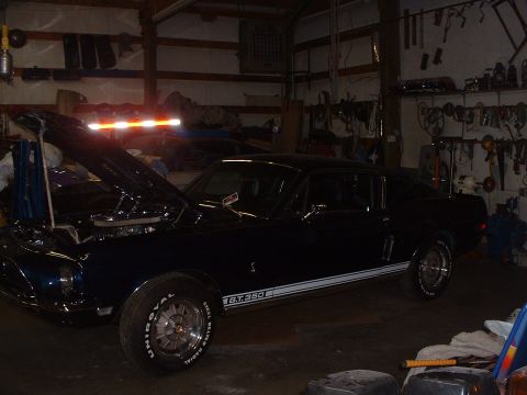1999 Ford Crown Victoria - Black 1967 Ford Shelby GT350 parked in a workshop with the hood up.