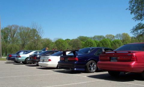 1998 Ford Crown Victoria - Rear view of a row of six 1990s Ford Thunderbird coupes angle-parked in a lot on a sunny day, in red, dark blue, white, black, teal, and da…