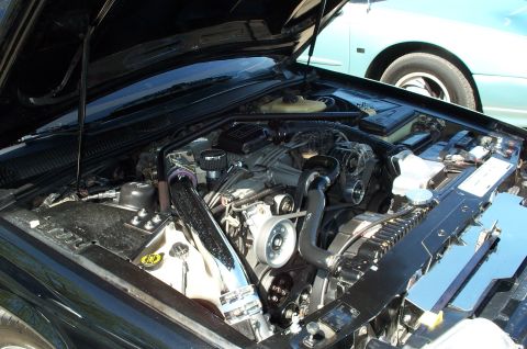 1998 Ford Crown Victoria - Engine bay view under a raised black hood, showing a supercharged V6 with a belt-driven supercharger, chrome and black intake piping, a sma…