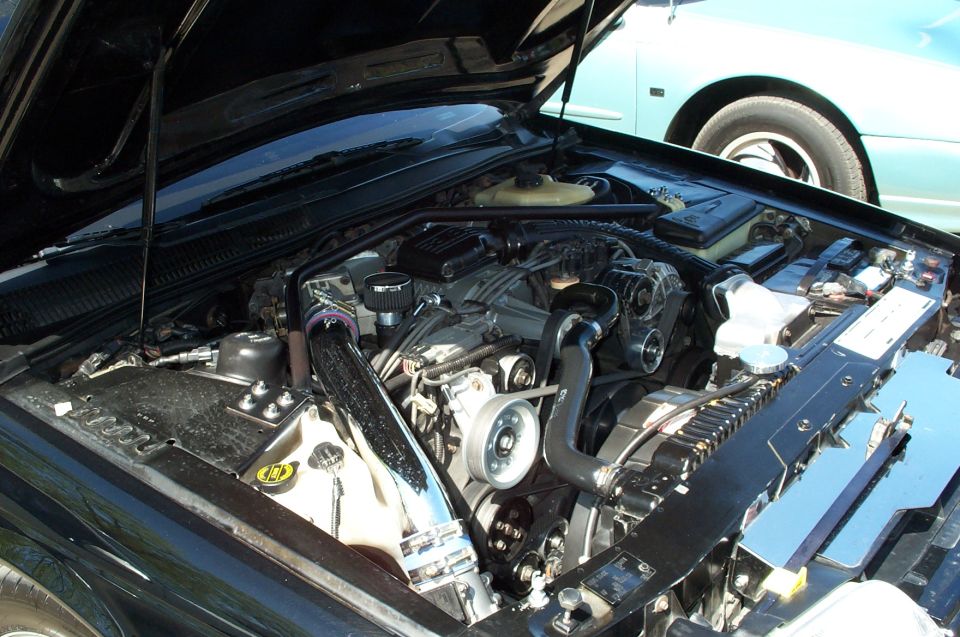 Supercharged V6 engine bay under a raised black hood with chrome piping