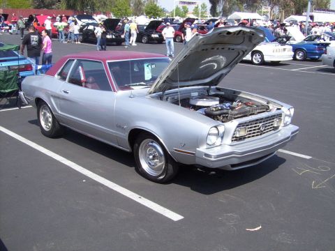 2002 Ford Mustang - A silver 1975 Ford Mustang coupe with a maroon roof is displayed with its hood open at a car show.