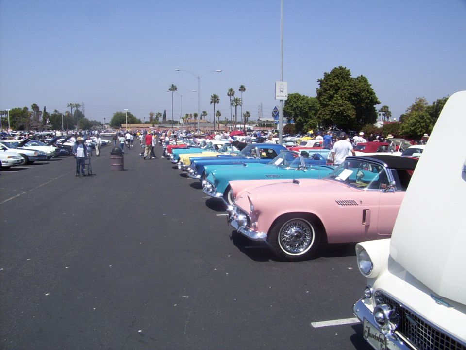 Row of classic Thunderbirds, including a pink one, parked at an outdoor car show