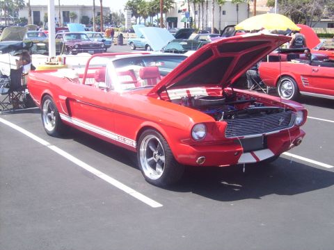 2002 Ford Mustang - A red 1965 Ford Mustang convertible is displayed with its hood open, showing the engine and a GT-350 stripe on its side.