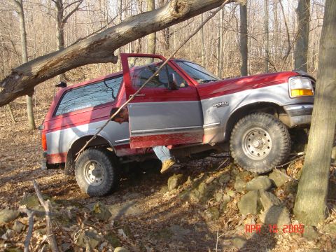 1995 Ford Bronco - A red and gray 1995 Ford Bronco is shown off-roading through a wooded area, with a large fallen tree partially obstructing its path.