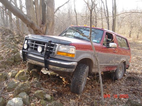1995 Ford Bronco - A red and grey Ford Bronco is shown off-roading on a rocky, wooded trail.