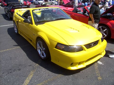 2002 Ford Mustang - A yellow convertible sports car is parked at an outdoor event, with other vehicles and people around.