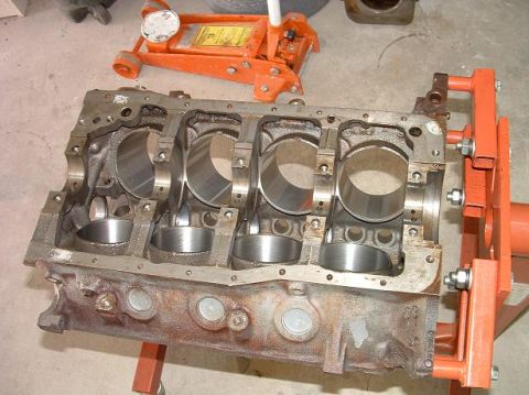 1985 Ford LTD Crown Victoria - Engine block on a stand, ready for rebuild or assembly.