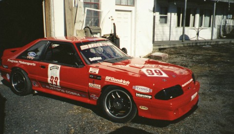 1993 Ford Mustang - This red 1993 Ford Mustang Cobra R race car features numerous sponsor decals and racing numbers.