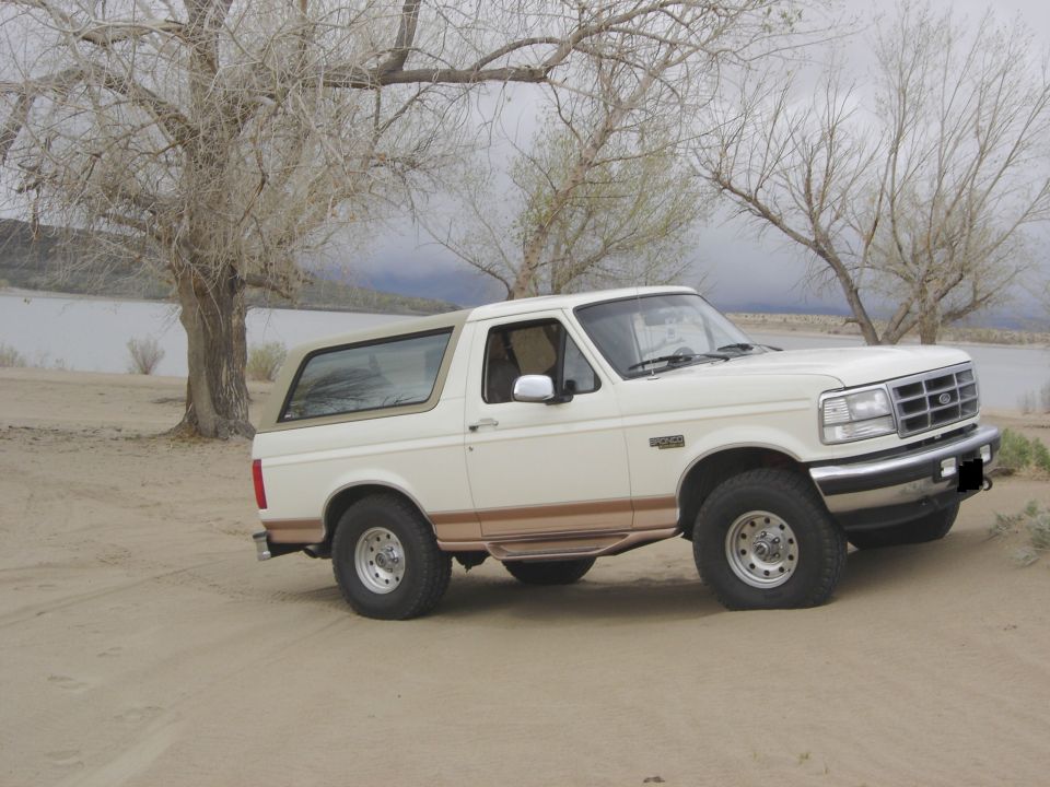 White Ford Bronco with tan trim, parked on sandy ground near a body of water and bare trees