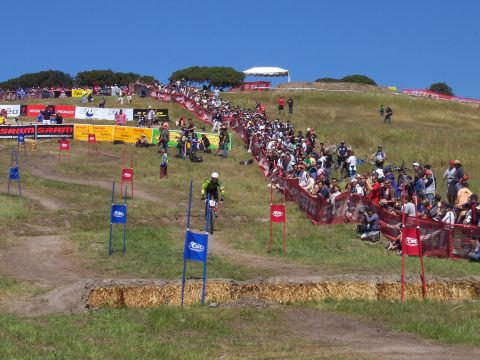 1998 Ford Ranger - A cyclist races down a grassy hill as a large crowd watches from the sidelines at an outdoor event.