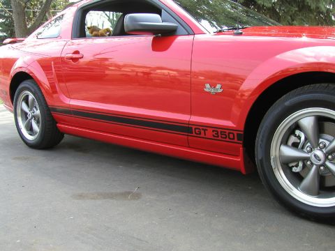 2005 Ford Mustang - Side view of a red 2005 Ford Mustang GT 350, black side stripes and classic wheels.