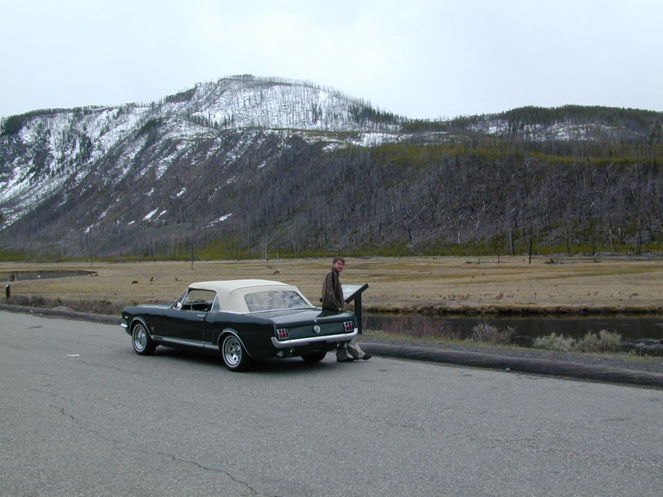 1966 Ford Mustang convertible parked on roadside, person leaning on trunk, snowy mountain in background
