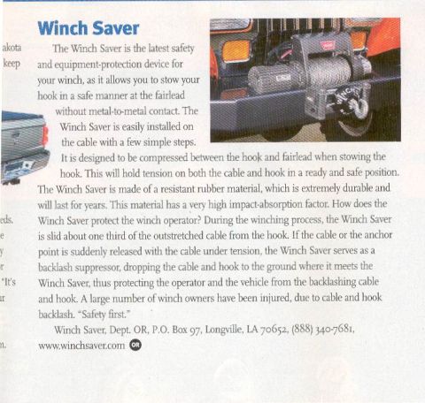 2003 Jeep TJ - A document page describes the 'Winch Saver' product, accompanied by a photograph of the device installed on a vehicle.
