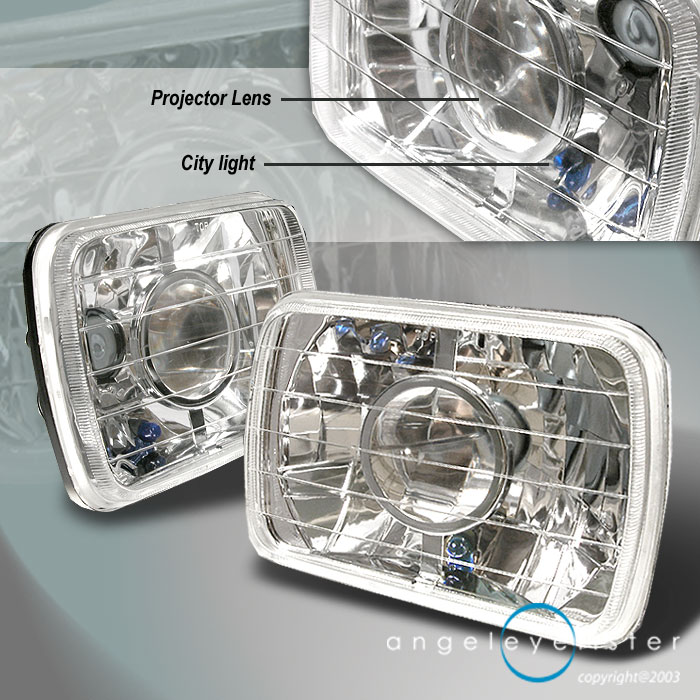 Square crystal projector headlights with grid lenses and labeled features