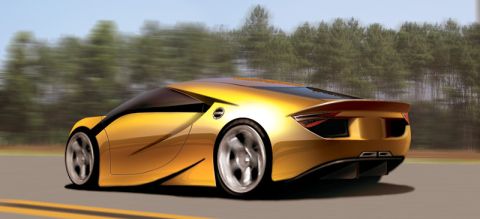 1993 Ford Probe - A futuristic golden concept car drives down a road with blurred trees in the background.