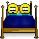 1968 Ford Mustang - This image depicts two cartoon smiley faces resting in a bed with blue bedding.