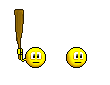 1968 Ford Mustang - A cartoon depicts a smiley face about to hit another smiley face with a baseball bat.