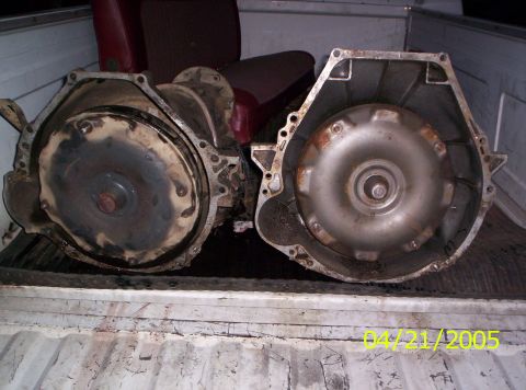 1985 Ford Bronco - Two automatic transmissions are shown in the bed of a pickup truck, with a date stamp of 04/21/2005.