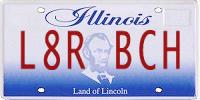 1991 Ford Bronco - Illinois license plate with the vanity text L8R BCH and a portrait of Abraham Lincoln.