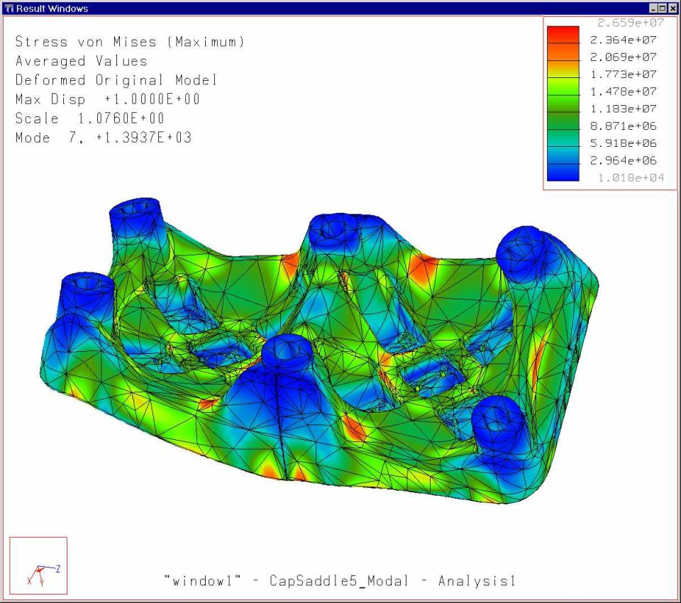 FEA von Mises stress analysis color map of a CapSaddle cast part, deformed-model contour plot