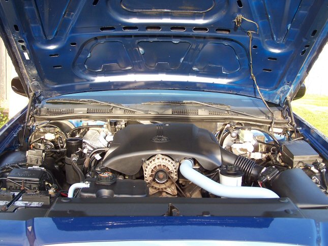 Blue 1998 Ford Crown Victoria engine bay. Shows the V8 engine, alternator, and air intake system