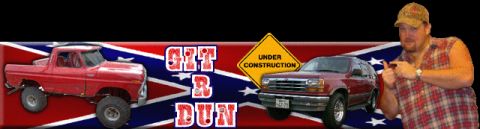 1993 Ford Bronco - A man points at a scene a maroon SUV and a red pickup truck, with "GIT B DUN" text and a "Under Construction" sign.