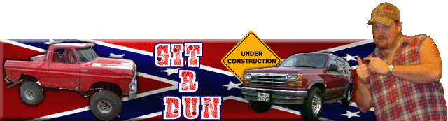 Maroon SUV and red pickup truck with man pointing, "GIT B DUN" text