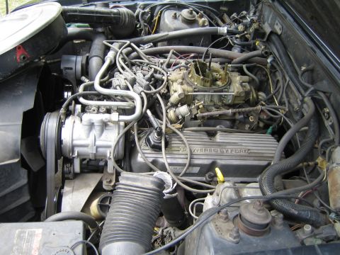 1985 Ford Mustang - Close-up view of a Ford V8 engine, showing the carburetor and valve cover.