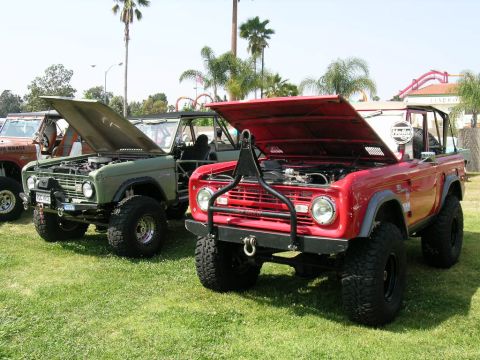 1993 Ford Probe - Two classic Ford Broncos are displayed with their hoods open, their engines on a sunny day.