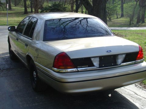 1999 Ford Crown Victoria - This gold sedan has a distinctive black panel on its rear, with a Ford emblem centered above it.