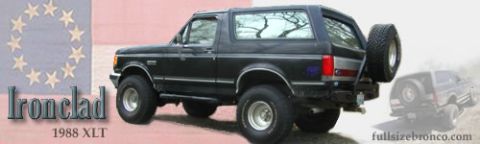 1988 Ford Bronco - 1988 Ford Bronco XLT shown from the side, with text overlay and website address.