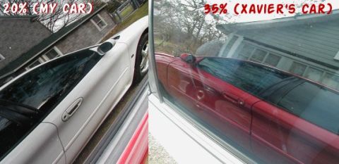 1997 Ford Taurus - Two sports cars are parked side-by-side, with text indicating ownership and tint percentages.