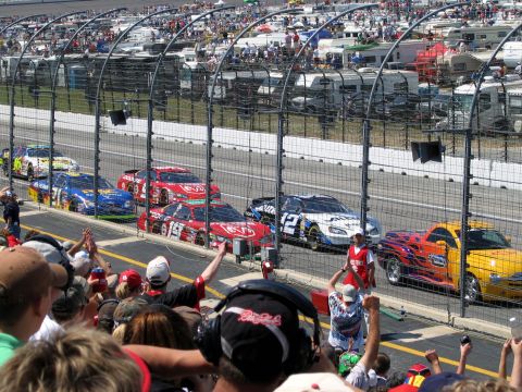 2000 Ford Crown Victoria - Multiple race cars are lined up on a track, viewed from behind a crowd of spectators.