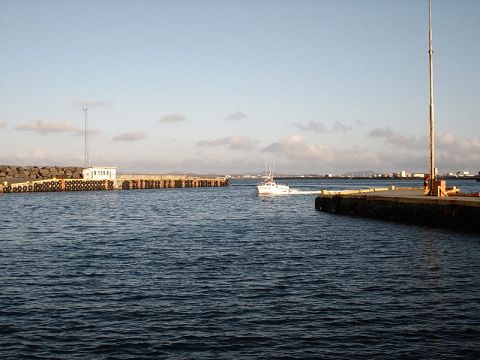 1996 Ford Bronco - A white boat navigates the water near a harbor with docks and a distant cityscape under a partly cloudy sky.